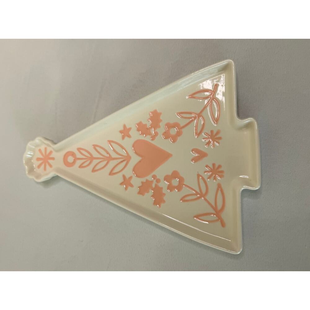 World Market Pink Floral Heart Christmas Tree Shaped Ceramic Trinket Dish